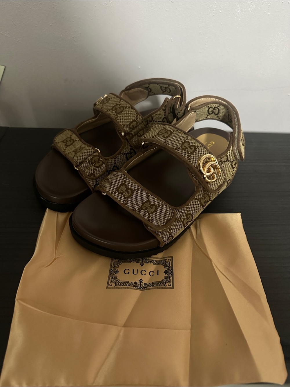 Beige/Brown GG Canvas Double-Strap Sandals - Picture 2 of 2